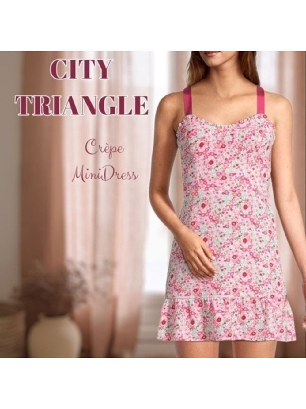 CITY Triangle Juniors Ribbon-Tie Shoulder Crepe Floral Dress